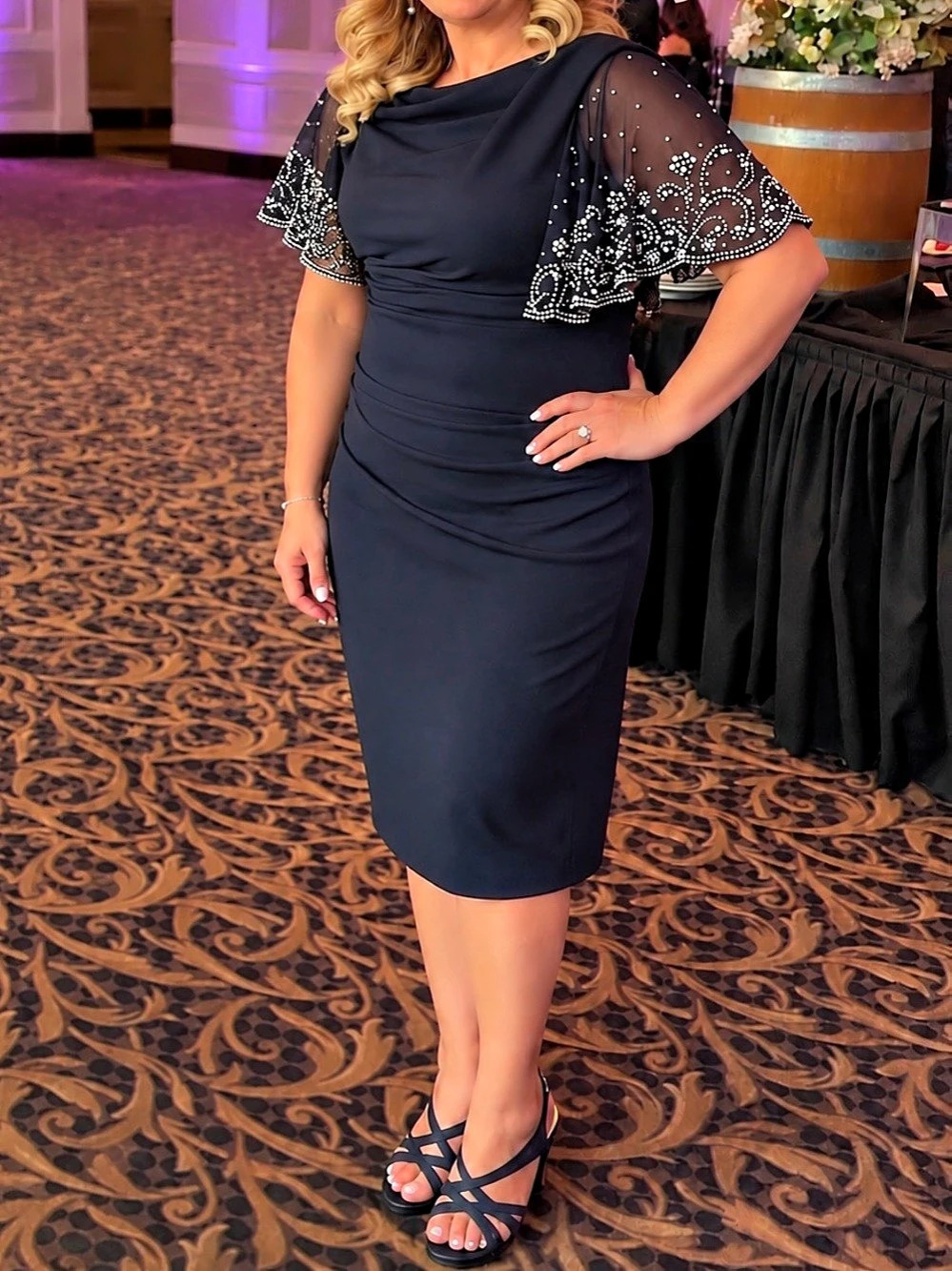 Betsy & Adam Navy Beaded Flutter Sleeve Sheath Dress Size 14W